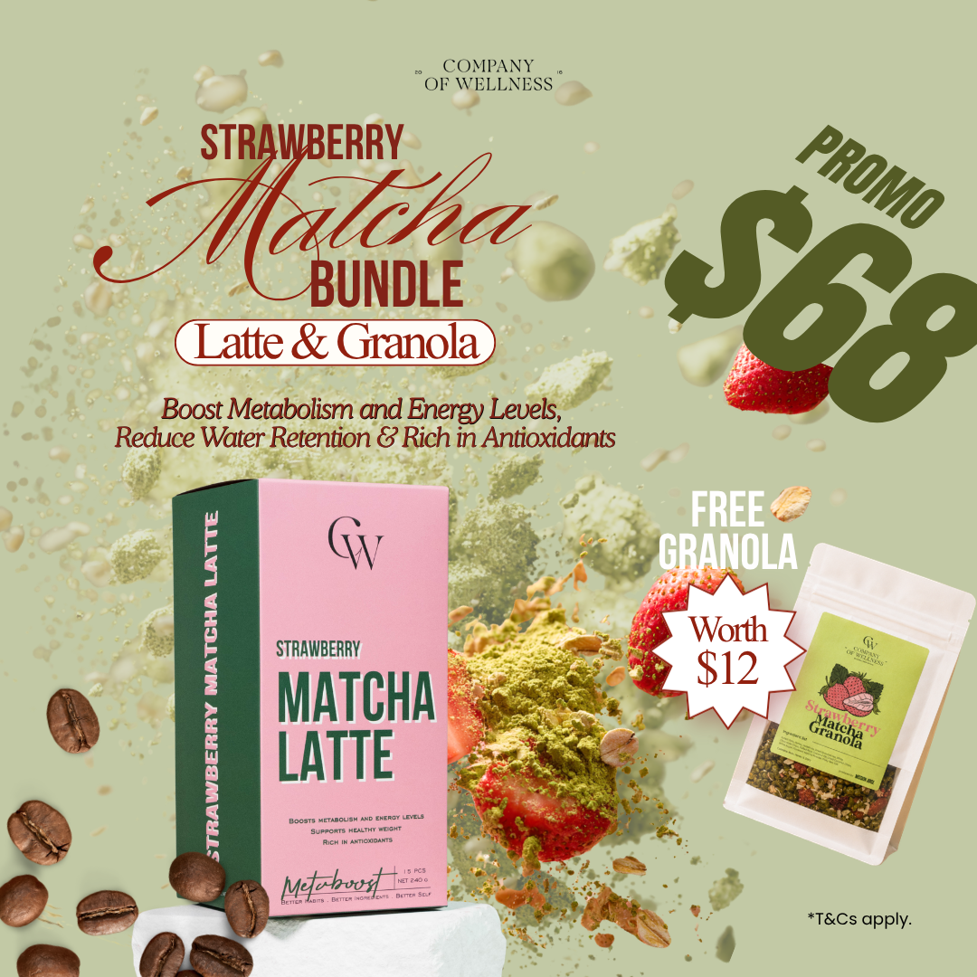 Promotional graphic for the Company of Wellness Strawberry Matcha Latte Bundle, featuring a pink and green matcha latte box, a stand-up pouch of matcha granola, loose green powder, coffee beans, and strawberries on a light sage green background with text offering a $68 bundle and a free $12 granola offer.